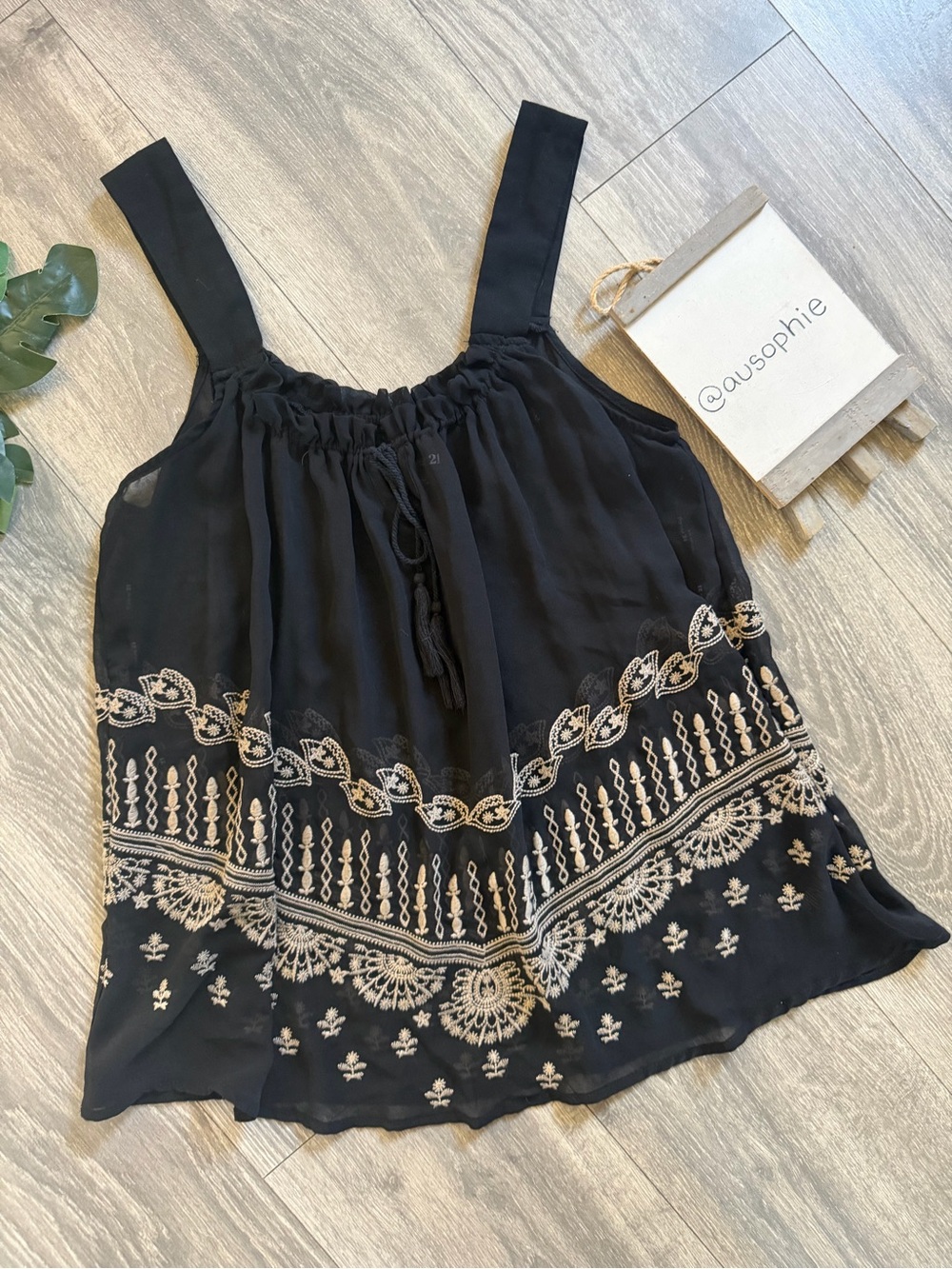 Forever 21 Boho Sheer Black Flowy Camisole with Cream Embroidery Detail. Size M